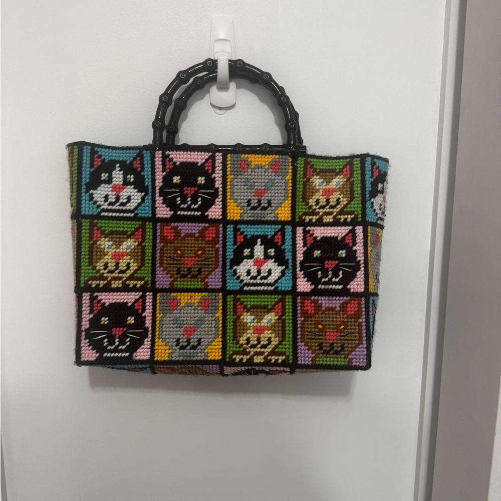 Vintage crochet/cross-stitch Colorful Cat Pattern Tote Bag